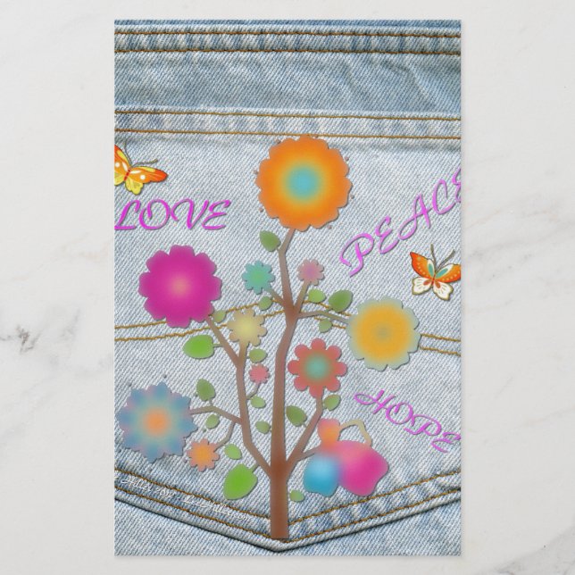 Denim Back Pocket Flowers Peace Love Hope Stationery (Front)