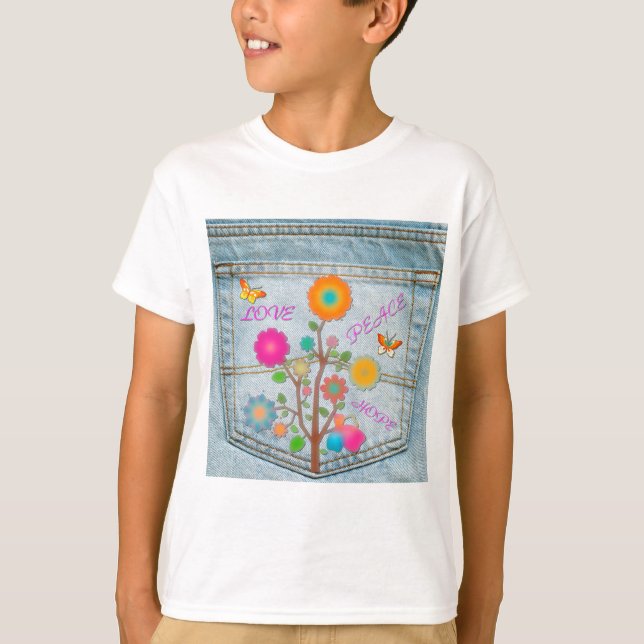 Denim Back Pocket Flowers Peace Love Hope T-Shirt (Front)