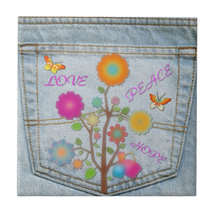 Denim Back Pocket Flowers Peace Love Hope Tile
