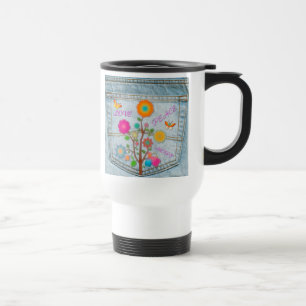 Denim Back Pocket Flowers Peace Love Hope Travel Mug