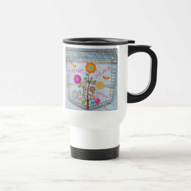 Denim Back Pocket Flowers Peace Love Hope Travel Mug (Right)