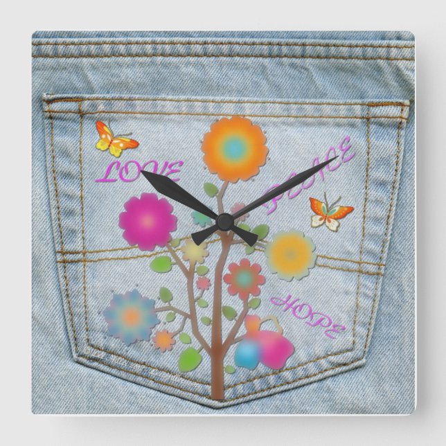 Denim Back Pocket Flowers Peace Love Square Clock (Front)