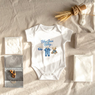 Denim Bear Clothesline Boy Blue Jean Baby Shower Bodysuit