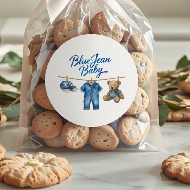 Denim Bear Clothesline Boy Blue Jean Baby Shower Classic Round Sticker (Creator Uploaded)
