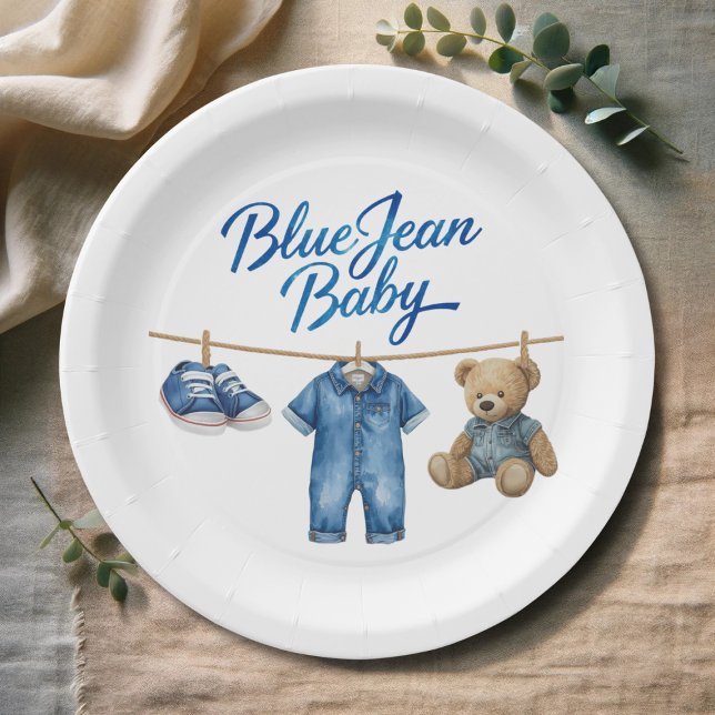 Denim Bear Clothesline Boy Blue Jean Baby Shower Paper Plate (Creator Uploaded)