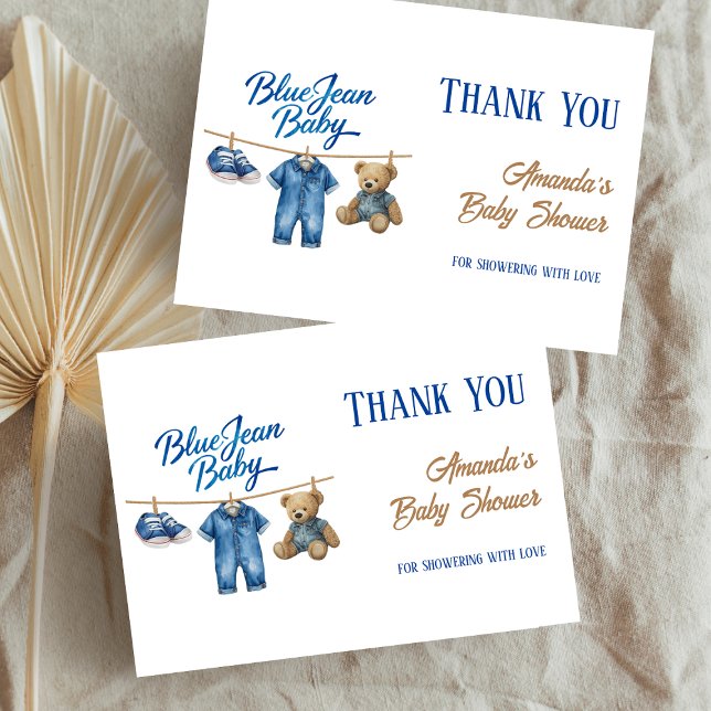 Denim Bear Clothesline Boy Blue Jean Baby Shower Thank You Card (Creator Uploaded)