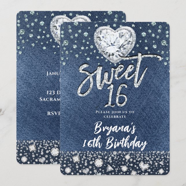 Denim & Bling Diamonds Sweet 16 Birthday Party Invitation (Front/Back)