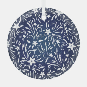 Denim Blooms: Floral Pattern Background Glass Tree Decoration