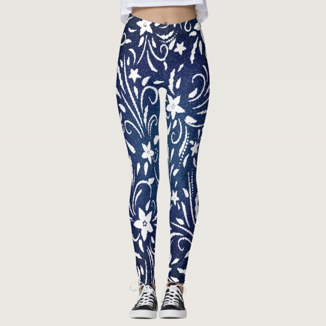 Denim Blooms: Floral Pattern Background Leggings (Front)
