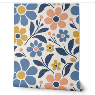 Denim Blue and Peach 70s Boho Floral Wallpaper