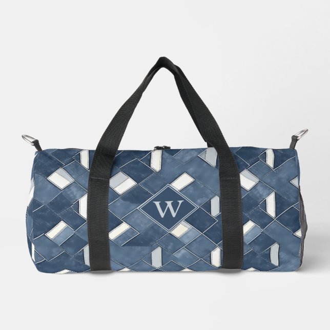 Denim Blue and White Monogram Initial Duffle Bag (Front)