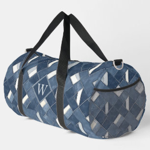 Denim Blue and White Monogram Initial Duffle Bag