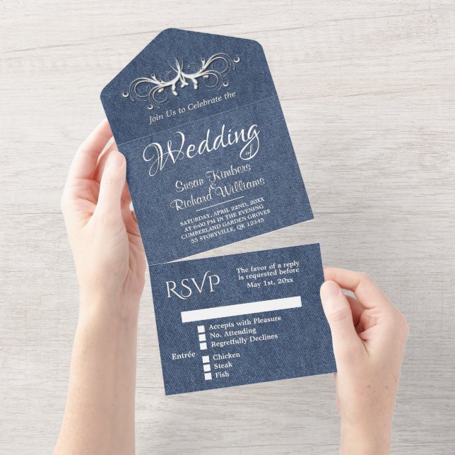 Denim Blue and White Tri Fold w Rsvp  All In One Invitation (Tearaway)