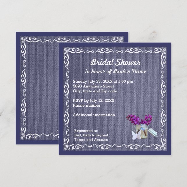  Denim Blue Burlap Purple Flower Jar Bridal Shower Invitation (Front/Back)