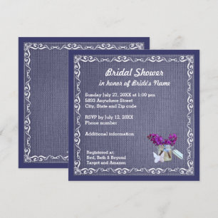 Denim Blue Burlap Purple Flower Jar Bridal Shower Invitation