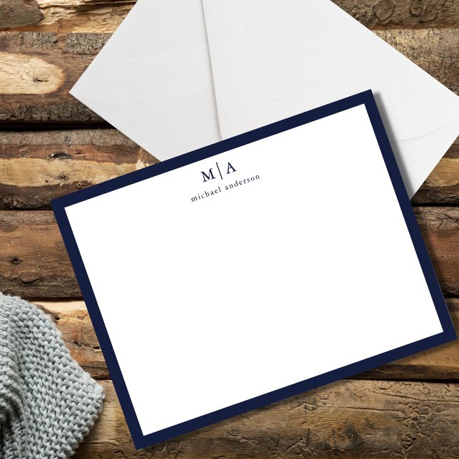 Denim Blue Classic Border Monogram Correspondence  Card (Creator Uploaded)