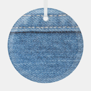 Denim Blue: Classic Jeans Texture. Glass Tree Decoration