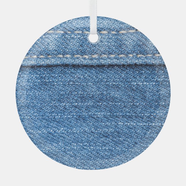 Denim Blue: Classic Jeans Texture. Glass Tree Decoration (Front)