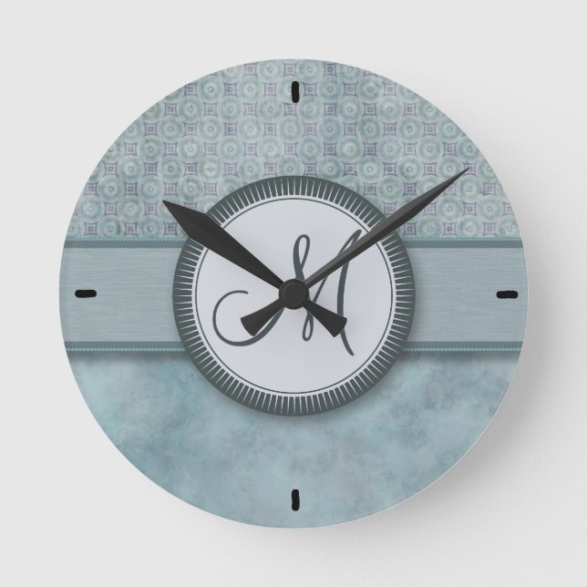 Denim Blue Coin Pattern with Monogram Round Clock (Front)