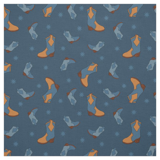 Denim Blue Cowboy Cowgirl Boots Pattern Fabric (Swatch)