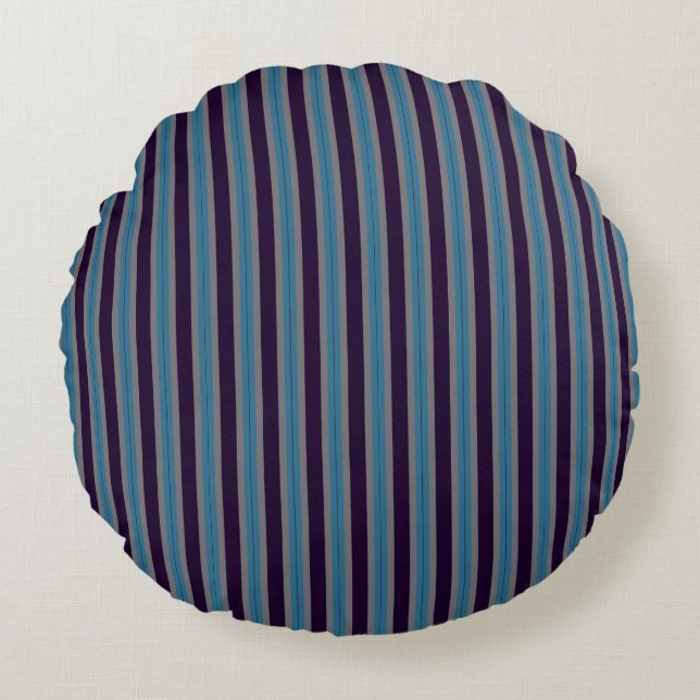 denim blue, dark purple and grey stripes round cushion (Front)