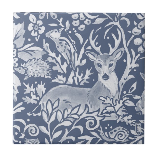 Denim Blue Deer Woodland Forest Animal Ornate  Tile (Front)