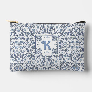 Denim Blue Fancy Floral Pattern Personalized Accessory Pouch