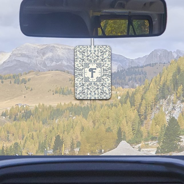 Denim Blue Fancy Graphic Floral Personalised Car Air Freshener (Personalized Initial Denim Fancy Floral Graphic design car or home air freshener)