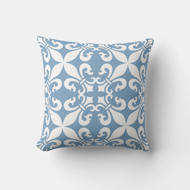 Denim Blue Fleur de Lys Pattern Cushion (Front)