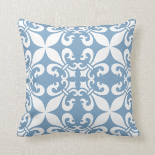 Denim Blue Fleur de Lys Pattern Cushion