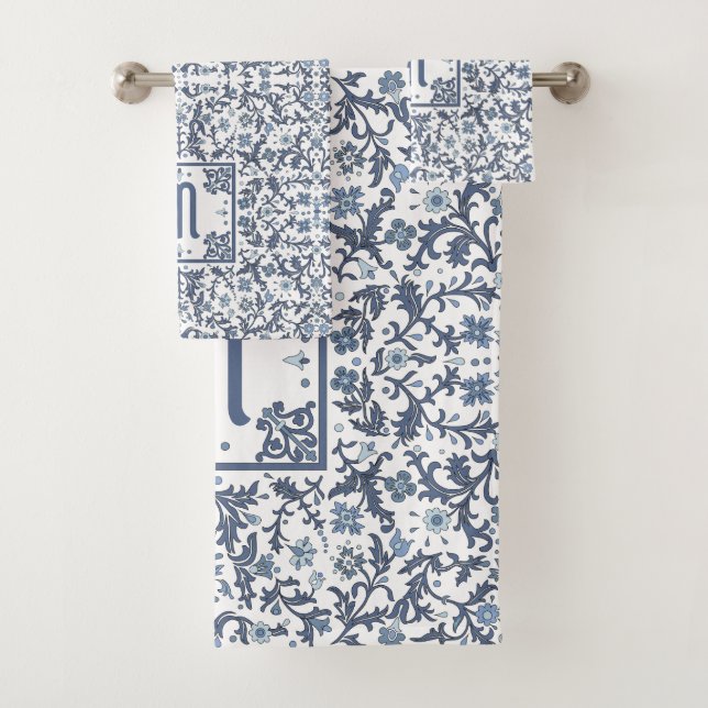 Denim Blue Floral Personalised Bath Towel Set (Insitu)
