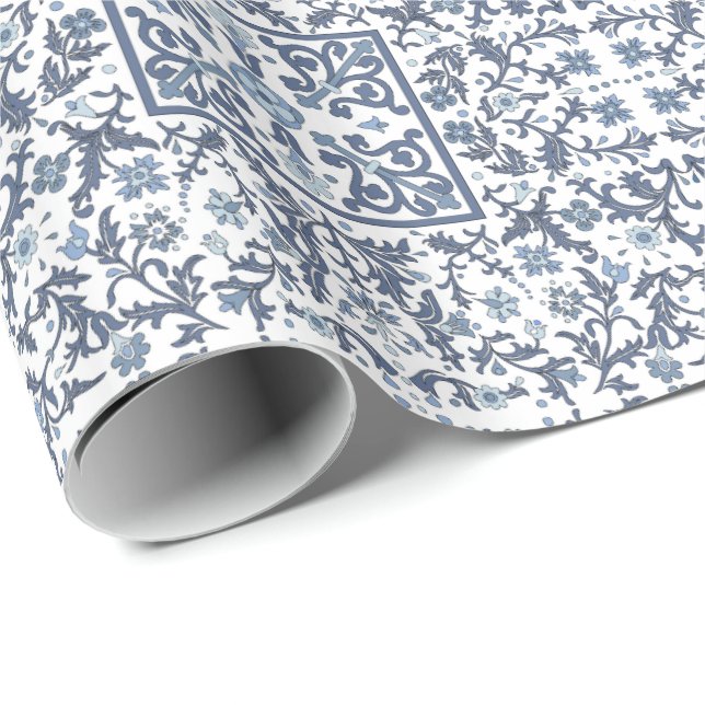 Denim Blue Floral Wrapping Paper (Roll Corner)
