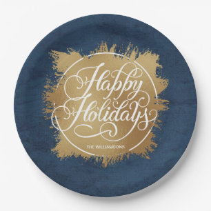 Denim Blue Gold Faux Foil Holiday Paper Plate