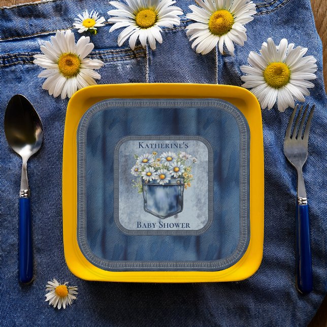Denim Blue Jean | Daisies Floral Baby Shower Paper Plate (Blue Jean Pocket Denim and Daisies Baby Shower Square Paper Plates)