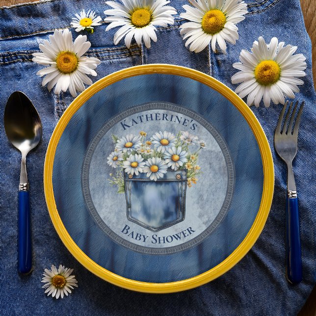 Denim Blue Jean | Daisies Floral Baby Shower Paper Plate (Blue Jean Pocket Denim and Daisies Baby Shower Round Paper Plates)