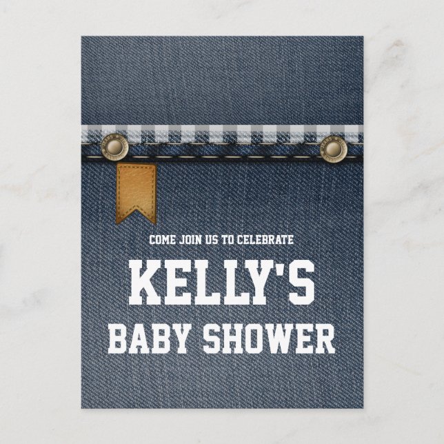 denim, blue jeans, cowboy, western baby shower invitation postcard (Front)