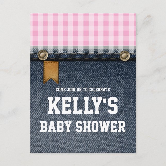 denim, blue jeans, cowboy, western baby shower invitation postcard (Front)
