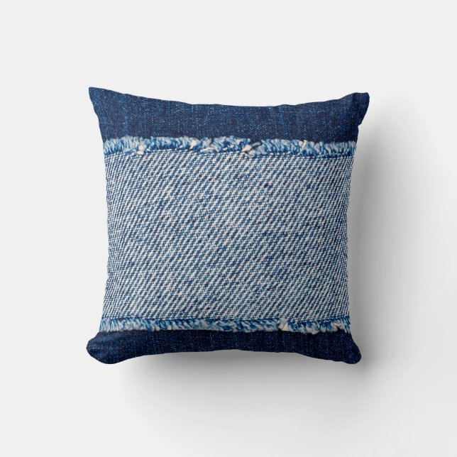 Denim blue jeans fabric frame. Bleached denim fabr Cushion (Front)