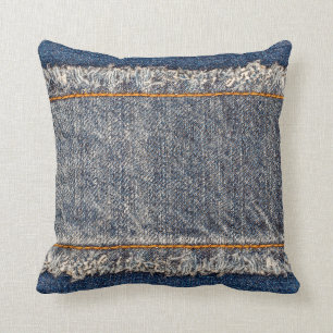 Denim blue jeans fabric frame. Bleached denim fabr Cushion
