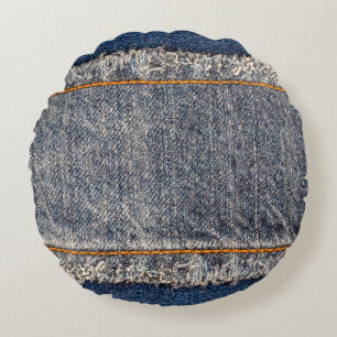 Denim blue jeans fabric frame. Bleached denim fabr Round Cushion