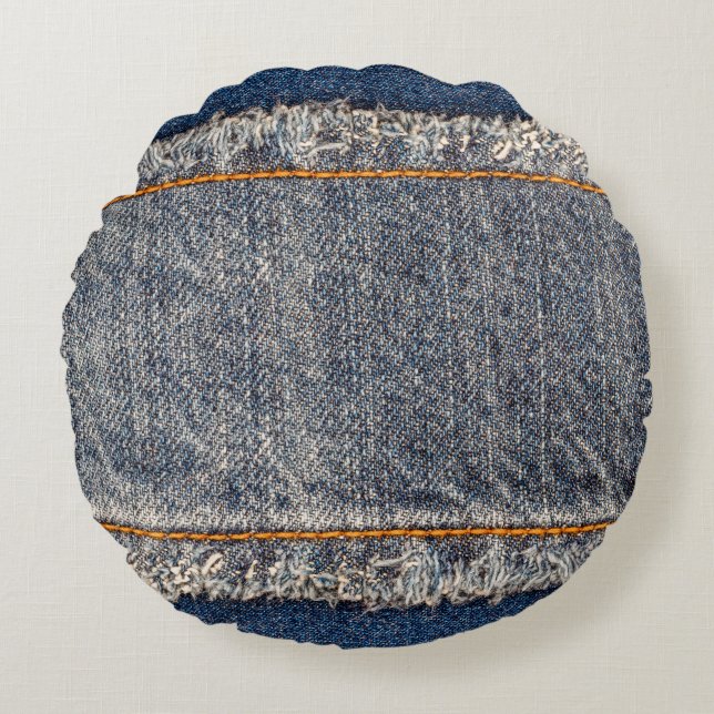 Denim blue jeans fabric frame. Bleached denim fabr Round Cushion (Front)