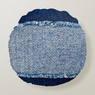 Denim blue jeans fabric frame. Bleached denim fabr Round Cushion