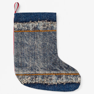Denim blue jeans fabric frame. Bleached denim fabr Small Christmas Stocking