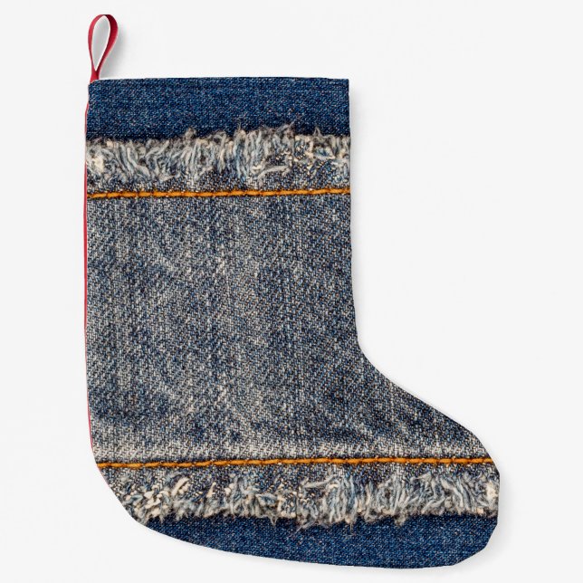 Denim blue jeans fabric frame. Bleached denim fabr Small Christmas Stocking (Front)