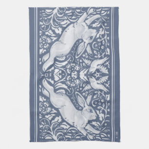 Denim Blue Leaping Rabbit Bird Floral Woodland Kit Tea Towel
