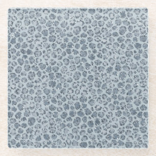 Denim Blue Leopard Print Glitter            Glass Coaster