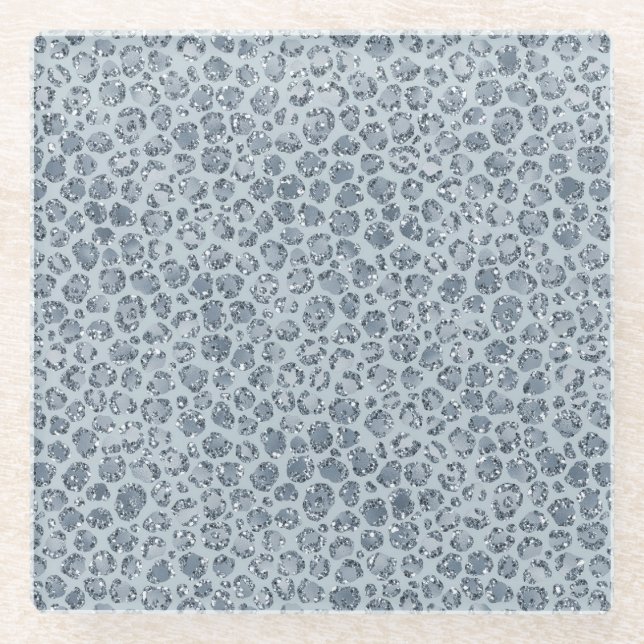 Denim Blue Leopard Print Glitter            Glass Coaster (Front)