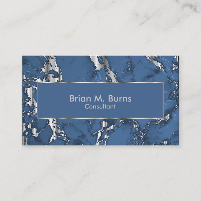 Denim Blue Marble and Metallic Silver Design Business Card (Front)