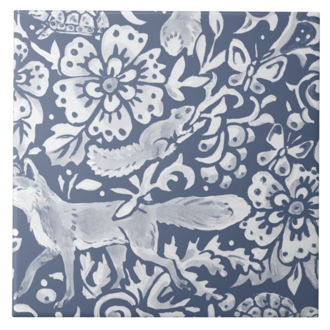 Denim Blue MURAL Woodland Animal Fox Bottom Right  Tile (Front)