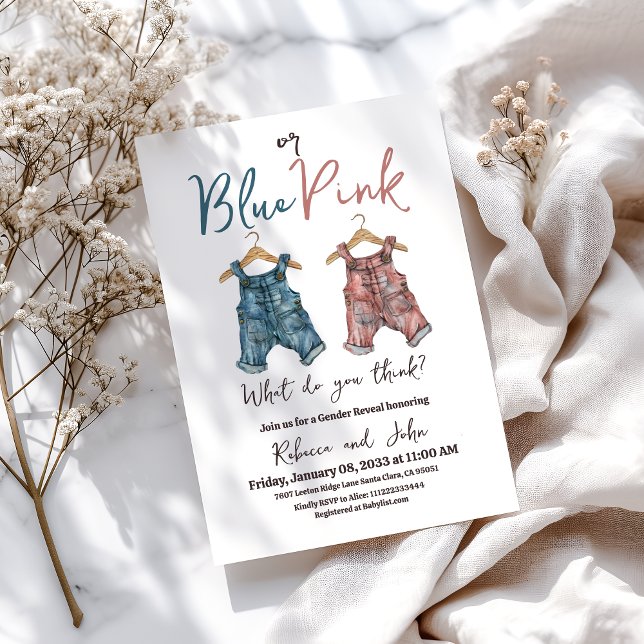 Denim BLue or Pink Clothesline Gender Reveal Invitation (Creator Uploaded)